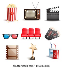 Set of 3d realistic cinema elements.Seat.Cola.Tickets.award.film.popcorn.3d Sunglasses.Vector illlustration