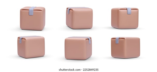 Set of 3d realistic closed cargo boxes with shadow isolated on white background. Vector illustration