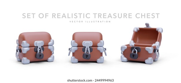 Set of 3d realistic closed and open treasure chest isolated on white background. Vector illustration