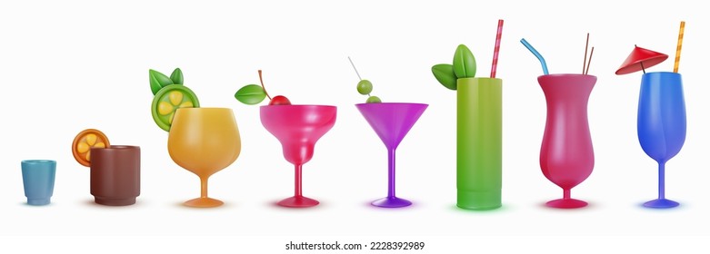 Set 3d realistic cocktail drinks for juice or alcohol. Collection vector object in modern minimal cartoon glossy style. Sweet colorful illustration elements isolated on white background.