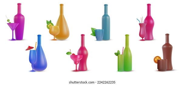 Set 3d realistic cocktail drinks with bottle for juice or alcohol. Collection vector object in modern minimal cartoon glossy style. Sweet colorful illustration elements isolated on white background.