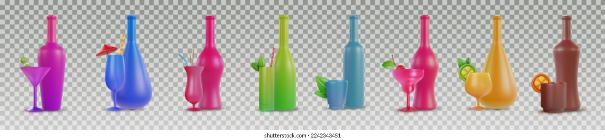 Set 3d realistic cocktail drinks with bottle for juice or alcohol. Collection vector object in modern minimal cartoon glossy style. Colorful illustration elements isolated on transparent background.