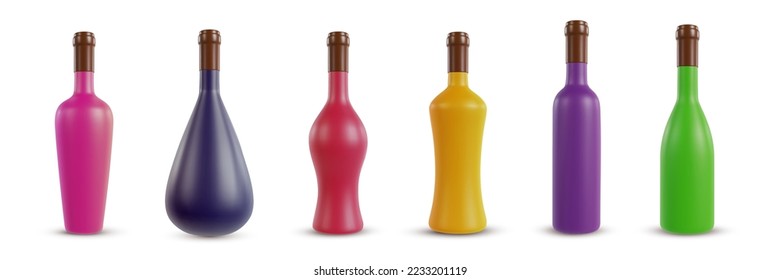 Set 3d realistic color bottles various form. Vector object in modern minimal cartoon glossy style. Collection sweet colorful illustration isolated on white background.