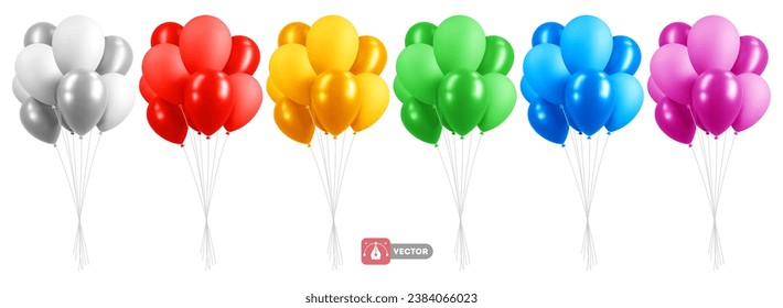 Set of 3d realistic colorful bunch holiday balloons. Rainbow colors and white, matte and glossy. Fun inflatable balloons flying in the air, decorations for birthday, other events. Vector illustration
