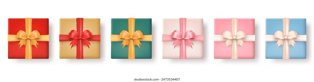 Set of 3d realistic colorful gift boxes with silk bows top view isolated on transparent background. Three dimensional present wrap packages with crossed ribbons. View from above