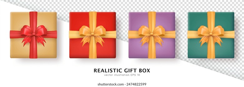 Set of 3d realistic colorful gift box wrapped in craft paper and tied with silk bow top view. Three dimensional present packages with crossed ribbons isolated on transparent background view from above