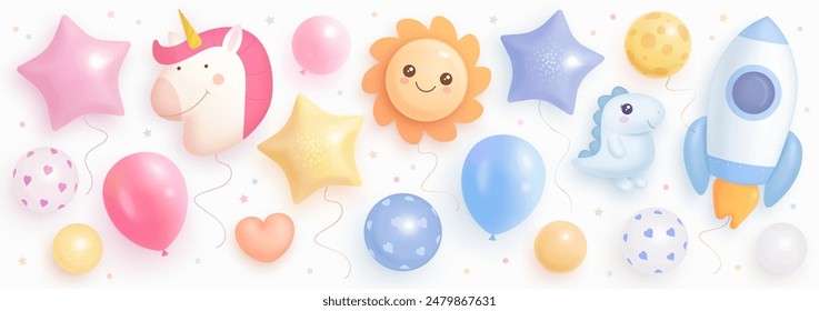 Set of 3d realistic colorful helium balloons isolated on white background. Unicorn, sun, rocket, dinosaur. Birthday cartoon element. Vector illustration