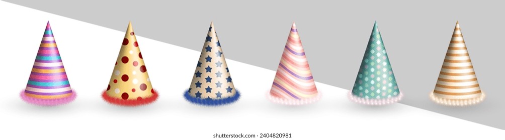 Set of 3d realistic colorful party hats clip art for birthday celebration. Three dimensional various birthday caps, festive party cones with colorful fluffy fur for carnival, masquerade event