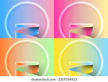 Set of 3D realistic colorful podium stand with circle neon light backdrop minimal wall scene background. Use for product presentation, cosmetic display beauty mockup, showcase, etc. Vector