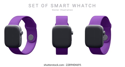 Set of 3d realistic colorful smart watch in different position isolated on white background. Vector illustration