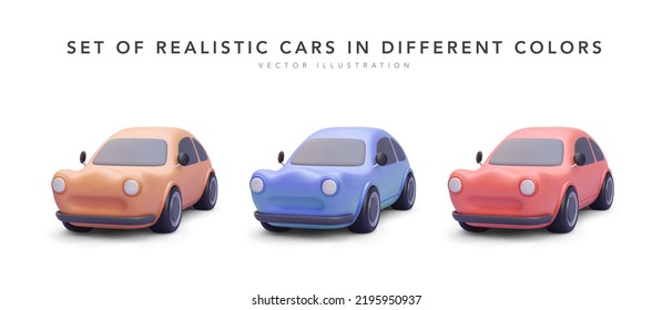 Set 3d realistic colour cars and shadow isolated white background  Vector illustration