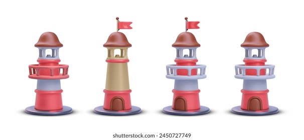 Set of 3d realistic coloured lighthouses isolated on white background. Vector illustration