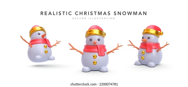 Set of 3d realistic colourful Christmas snowman in different position with shadow isolated on white background. Vector illustration