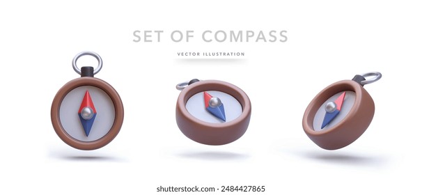 Set of 3d realistic compass isolated on white background. Vector illustration