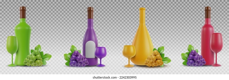 3d-realistische Zusammensetzung mit Flasche, Weinglas und Traube. Vektorobjekt im modernen minimalsten Cartoon-Glanz-Stil. Kollektion süße farbige Illustration einzeln auf transparentem Hintergrund.