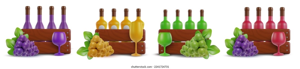Set 3d realistic composition with bottles in wood box, grape and wine glass. Vector object in modern minimal cartoon glossy style. Collection sweet colorful illustration isolated on white background.