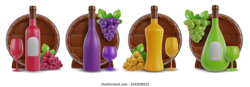 Set 3d realistic composition with wooden barrel, bottle, wine glass and grape. Vector object in modern minimal cartoon glossy style. Sweet colorful illustration isolated on white background.