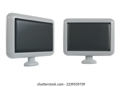 Set 3d realistic computer monitor or tv screen in minimal funny cartoon style. Modern design element on white background. Collection vector illustration or icon.