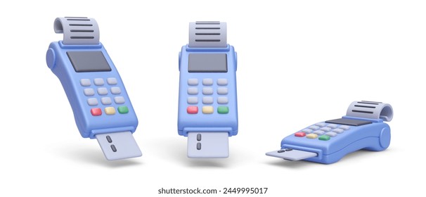 Set of 3d realistic contactless POS terminal bank payment with bill receipt. Vector illustration