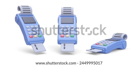 Set of 3d realistic contactless POS terminal bank payment with bill receipt. Vector illustration