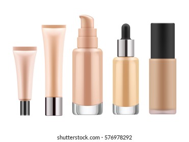 Set of 3D realistic containers for foundation or bb and cc cream. Mock-up of beige plastic tube and transparent glass bottle with dispenser. Vector blank template of packaging for cosmetic product