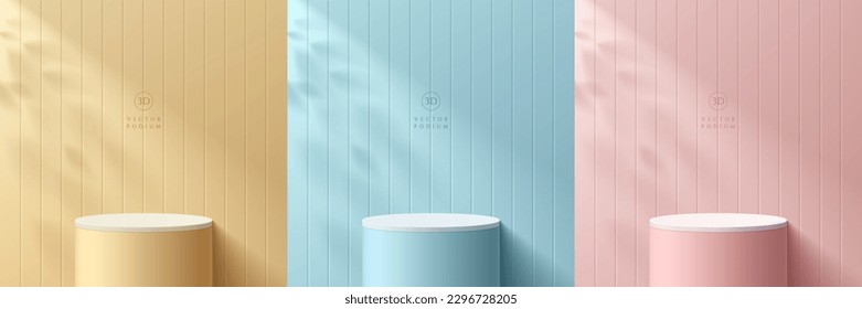 Set of 3D realistic cylinder stand podium on pastel yellow, light blue, pink scene with leaf shadow overlay. Abstract minimal scene mockup products display, Stage showcase. Vector geometric forms.