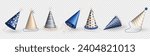 Set of 3d realistic dark blue and beige party hats for birthday celebration. Three dimensional isometric birthday caps, festive glossy party cones with ribbons, serpentine, fluffy fur for carnival