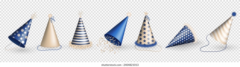 Set of 3d realistic dark blue and beige party hats for birthday celebration. Three dimensional isometric birthday caps, festive glossy party cones with ribbons, serpentine, fluffy fur for carnival