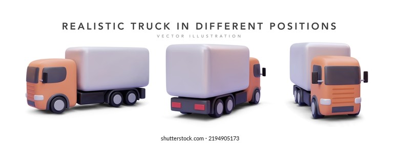 Set 3d realistic delivery truck in different position and shadow isolated white background  Vector illustration