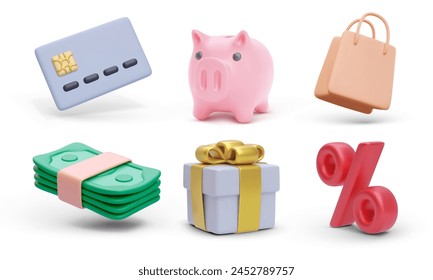 Set of 3d realistic discount vector icons isolated on white background. Gift, credit card, piggy bank, bag, money, discount