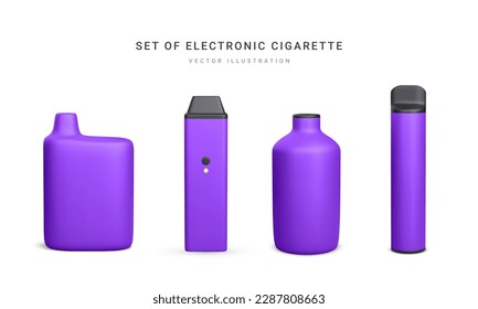 Set of 3d realistic disposable electronic cigarette isolated on white background. Modern smoking, vaping and nicotine with different flavors. Vector illustration.