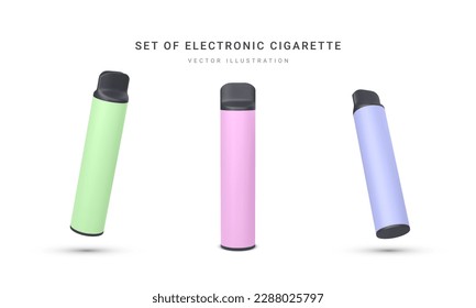 Set of 3d realistic disposable electronic cigarette isolated on white background. Modern smoking, vaping and nicotine with different flavors. Vector illustration.