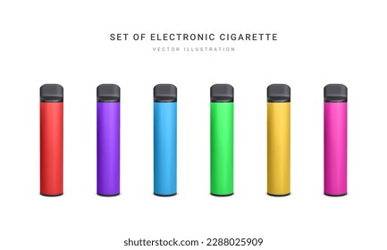 Set of 3d realistic disposable electronic cigarette isolated on white background. Modern smoking, vaping and nicotine with different flavors. Vector illustration.