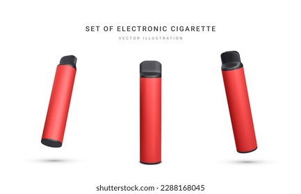 Set of 3d realistic disposable electronic cigarette isolated on white background. Modern smoking, vaping and nicotine with different flavors. Vector illustration.