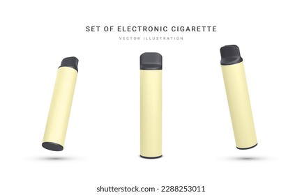 Set of 3d realistic disposable electronic cigarette isolated on white background. Modern smoking, vaping and nicotine with different flavors. Vector illustration.