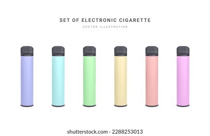 Set of 3d realistic disposable electronic cigarette isolated on white background. Modern smoking, vaping and nicotine with different flavors. Vector illustration.