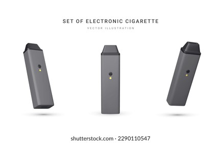 Set of 3d realistic disposable electronic cigarette isolated on white background. Modern smoking, vaping and nicotine with different flavors. Vector illustration.