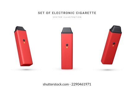 Set of 3d realistic disposable electronic cigarette isolated on white background. Modern smoking, vaping and nicotine with different flavors. Vector illustration.