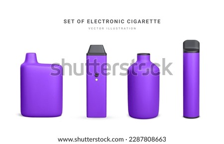 Set of 3d realistic disposable electronic cigarette isolated on white background. Modern smoking, vaping and nicotine with different flavors. Vector illustration.