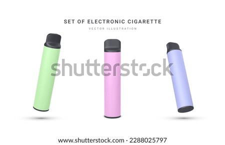 Set of 3d realistic disposable electronic cigarette isolated on white background. Modern smoking, vaping and nicotine with different flavors. Vector illustration.