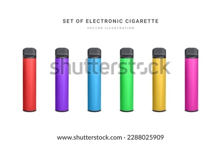 Set of 3d realistic disposable electronic cigarette isolated on white background. Modern smoking, vaping and nicotine with different flavors. Vector illustration.
