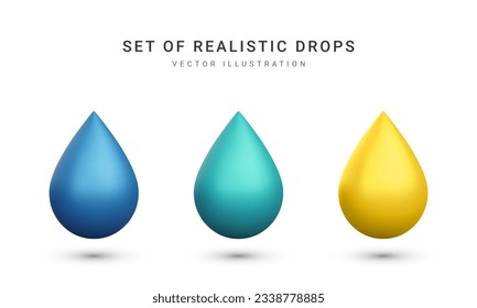 Set of 3d realistic drops isolated on white background. Vector illustration