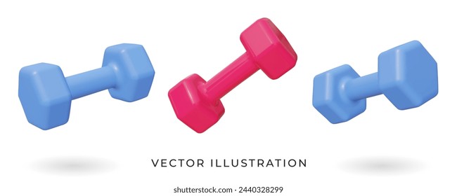 Conjunto de mancuernas realistas 3d aisladas sobre fondo blanco. Ilustración vectorial. Gimnasio y equipamiento de fitness. Herramientas de entrenamiento