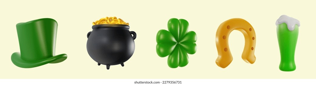 Set 3d realistic elements for st patrick's day in bright minimal cartoon style. Clover, pot of money, leprechaun hat, green beer, horseshoe. Vector illustration.