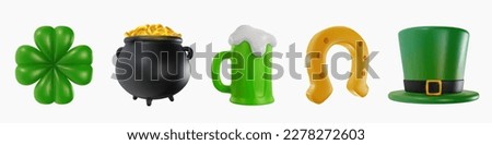 Set 3d realistic elements for st patrick's day in bright minimal cartoon style. Clover, pot of money, leprechaun hat, green beer, horseshoe. Vector illustration.
