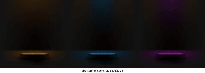 Set of 3D realistic empty black podium cylinder pedestal stand with yellow, blue, pink lighting wall scene on dark studio room background. You can use for products display advertising. Vector
