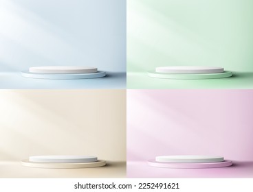 Set of 3D realistic empty blue, green, pink, yellow and white podium cylinder shape product display with lighting on minimal wall scene soft blue background. You can use for cosmetic mockup present