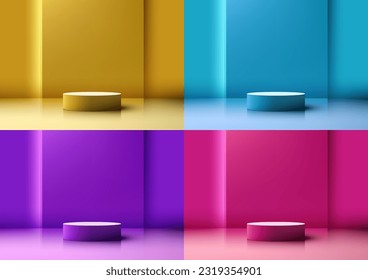 Set of 3D realistic empty bright colors podium pedestal stand minimal wall scene background. Use for product display presentation, cosmetic display, showcase, media banner, etc. Vector illustration
