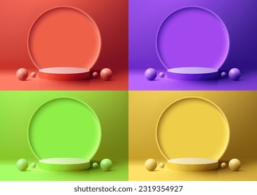 Set of 3D realistic empty bright color podium stand with circle backdrop on vivid background decoration with sphere balls. Use for cosmetic product display beauty mockup, showcase, etc. Vector