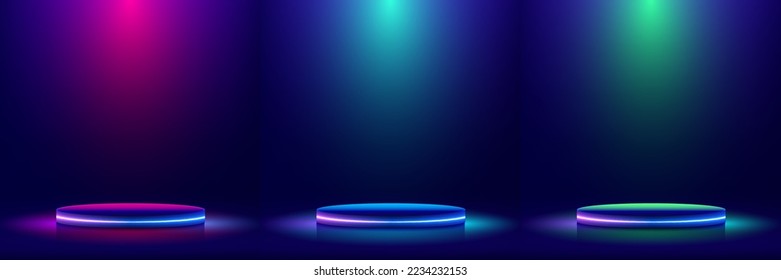 Set of 3D realistic empty podium blue, green and pink neon colors glowing lights studio room with spotlight background technology style. You can use for showcase display, promotion products, etc.